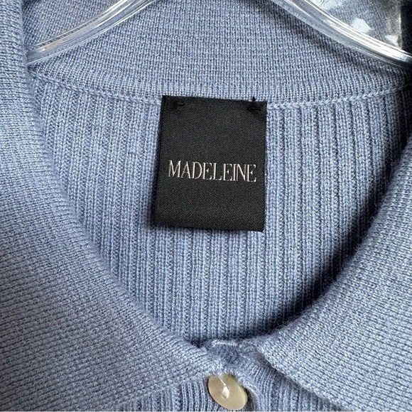 Madeleine Mode Silk + Virgin Wool Sweater Short Sleeve Dusty Blue Collared - Picture 5 of 7